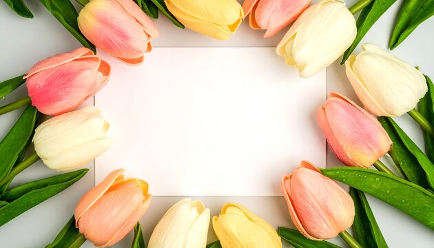 Spring tulips frame a blank card - Powered by Adobe