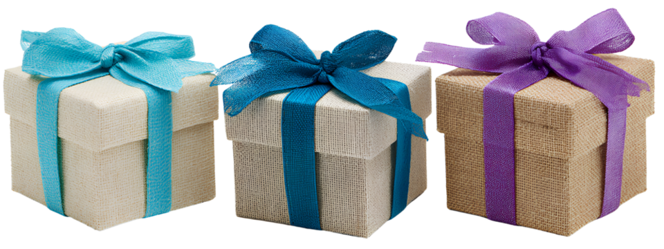  three different gift boxes with blue and purple ribbons isolated on a Transparent background PNG - Powered by Adobe
