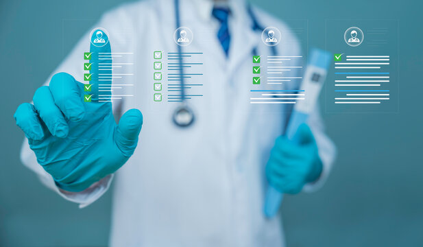 Medical worker using digital document interface online healthcare system medical data access technology innovation health information management concept