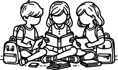 Black and white line art of three children reading books with school bags, teamwork and learning theme