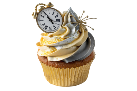 New Year cupcake with gold and silver frosting, clock decoration, star topper, celebration theme, isolated on a transparent background