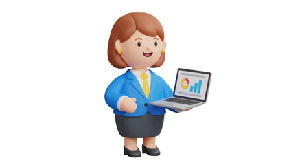 3D Cartoon Businesswoman Holding Laptop Displaying Charts and Graphs.