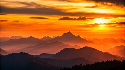 Obraz premium Fiery Sunset Hues Illuminating a Majestic Mountain Range, Creating a Breathtaking Panorama of Layered Peaks and Valleys