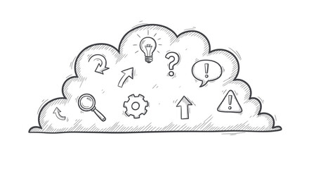 Hand-drawn sketch of a thought cloud with icons representing ideas, brainstorming, and data processing.