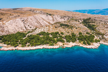 Beautiful aerial landscape from a drone on the Croatian island of Krk. Croatian landscape.