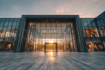 Modern Retail Storefront at Sunset with Bright Sign and Glass Facade