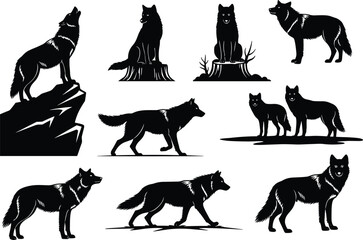 Black silhouette wolves collection, wild wolf pack illustration, howling wolf art, forest animal design, predator clipart, tribal wolf graphic