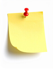 Yellow paper note pinned with red thumbtack on white background sticky note