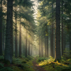 Fototapeta premium Walking Path Through a Forest with Sunlight Filtering Through Trees