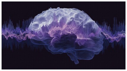 Rett Syndrome Awareness Month. Abstract scientific visualization of brain activity mapping, Rett Syndrome areas marked in purple, EEG-inspired brainwave patterns, research illustration