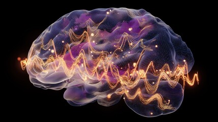 Rett Syndrome Awareness Month. Abstract scientific visualization of brain activity mapping, Rett Syndrome areas marked in purple, EEG-inspired brainwave patterns, research illustration