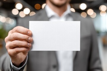 Professional Man Holding Blank Card in Modern Office Setting with Bokeh Effect