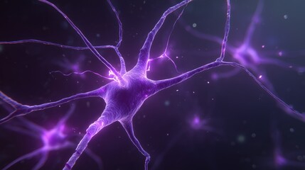 Rett Syndrome Awareness Month. Abstract visualization of neuron communication failure, synaptic transmission disrupted, glowing purple signals fading, symbolic medical illustration 