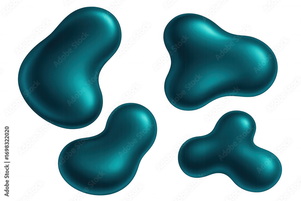 Poster translucent turquoise blobs hovering weightlessly, forming fluid geometric shapes against clear back