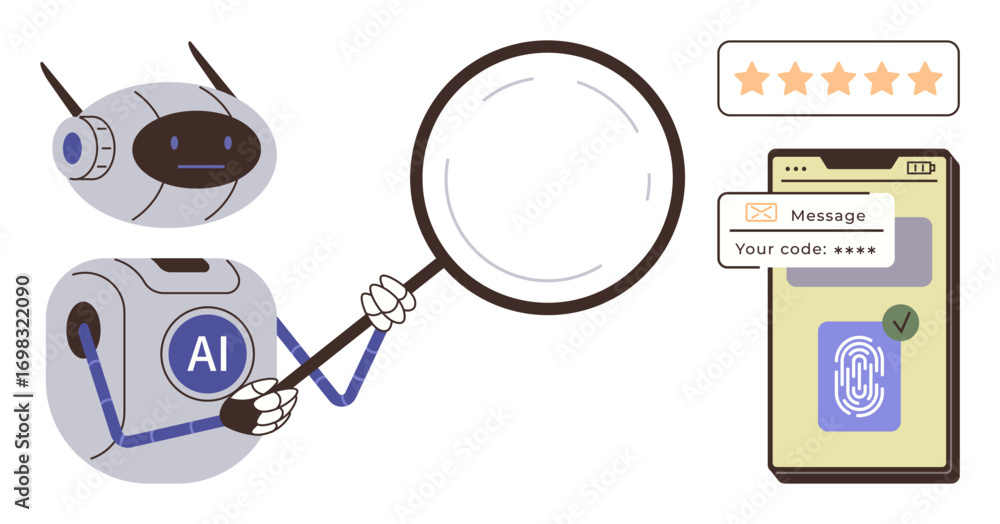 Poster ai robot holding magnifying glass investigating smartphone verification with fingerprint, message co