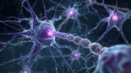 Rett Syndrome Awareness Month. Microscopic view of neurons with damaged synapses, dendritic spines highlighted in purple, medical illustration for Rett Syndrome research