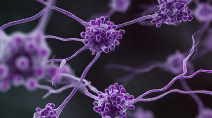 Rett Syndrome Awareness Month. Microscopic view of neurons with damaged synapses, dendritic spines highlighted in purple, medical illustration for Rett Syndrome research