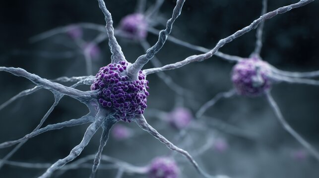Rett Syndrome Awareness Month. Microscopic view of neurons with damaged synapses, dendritic spines highlighted in purple, medical illustration for Rett Syndrome research - Powered by Adobe