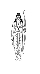 Lord Rama with Bow and Arrow: A Black and White Illustration of the Hindu Deity