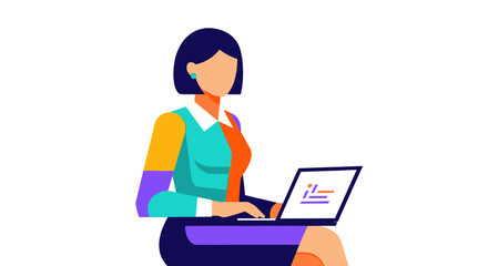 Colorful Businesswoman Working on Laptop with Short Hair.