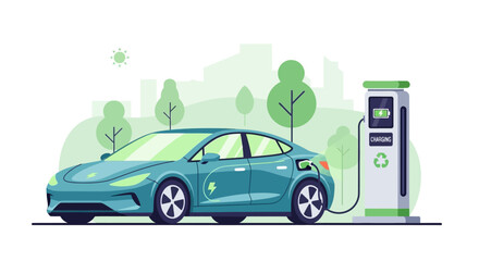 An electric car is charging at a station in a green urban environment, promoting sustainable transportation.