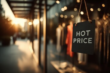 Storefront Sign with Hot Price Tag and Sunset in Urban Setting