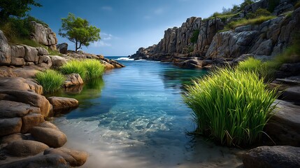 Obraz premium A calm tidal pool with clear reflections of rocky formations and green seaweed below the water.
