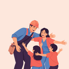 Obraz premium Joyful family reunion as a construction worker returns home to his loving wife and children