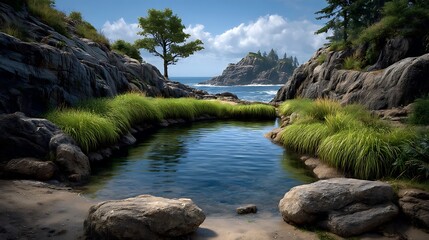 A calm tidal pool with clear reflections of rocky formations and green seaweed below the water.