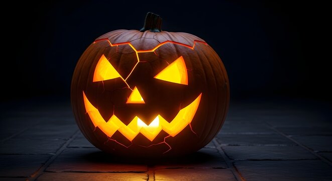 A powerful conceptual horror image of a cracked and broken jack-o'-lantern that continues to glow defiantly