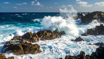 Powerful waves crashing on volcanic rocks