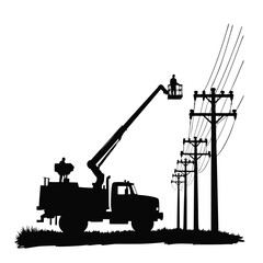 Lineman working on utility pole with bucket truck Keywords: lineman, electrician, utility worker