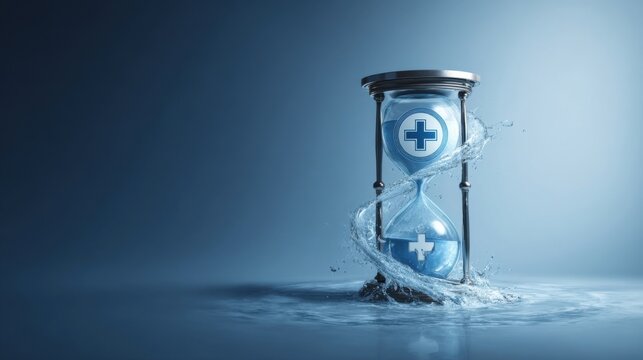 An hourglass with blue cross symbols inside stands upright, dynamic liquid flows creating splash effects,