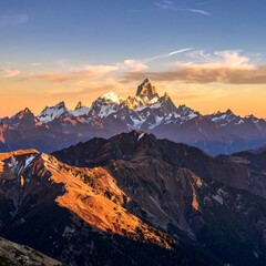 Obraz premium Mountain range at golden sunset. Snowy peak dominates