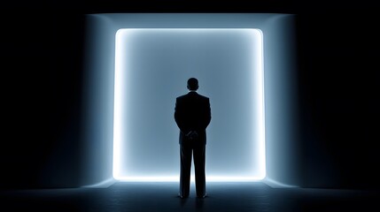 Silhouette of businessman standing before a glowing portal removed background