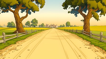 A cartoon road leads to a distant farm through a rural landscape removed background