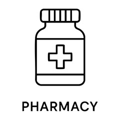 Obraz premium Illustration of a medicine bottle with a cross symbol in a black outline style icon