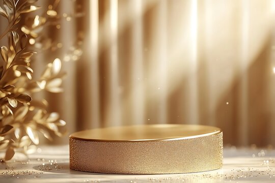 Elegant golden podium with shimmering light rays and decorative foliage for luxury product display and festive celebrations