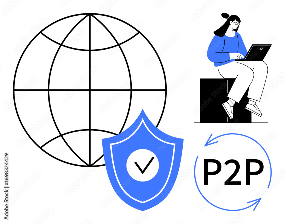 Poster globe symbolizing worldwide connectivity, shield with checkmark for security, user on laptop for eng