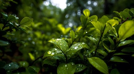 Water droplets cling to vibrant green leaves in a lush forest removed background