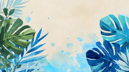Watercolor painting of tropical leaves in shades of blue and green removed background