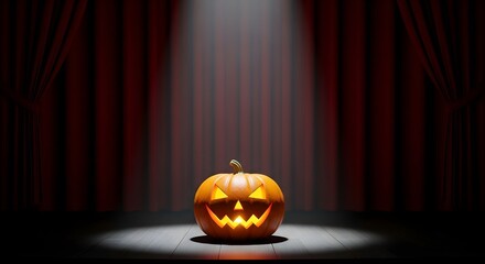 A single jack-o'-lantern is the star of a terrifying show, sitting on an empty stage under a solitary spotlight