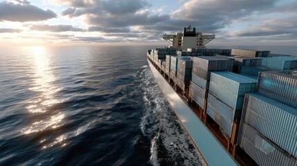 A blue container ship filled with vibrant containers sails across the ocean, showcasing intricate details in bright daylight