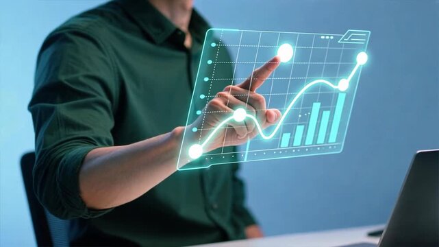 A businessman hand pointing at glowing curved graphs and nodes with text data growth analytics, conversion rate optimization technology, cro, lead generation