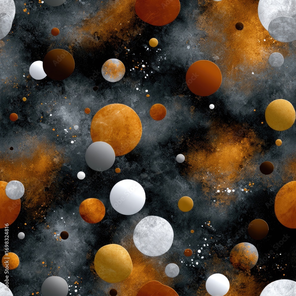 Poster hand-drawn polka dots in soft hues accent a textured brown surface, creating a unique and artistic b