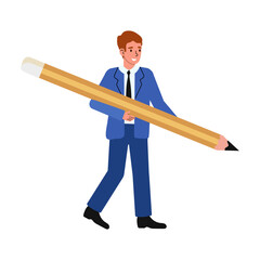 Man in a suit humorously carries an oversized pencil while walking in a modern office setting during the daytime