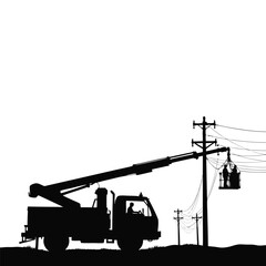 Silhouette of bucket truck and linemen working on power lines Keywords: silhouette, bucket truck