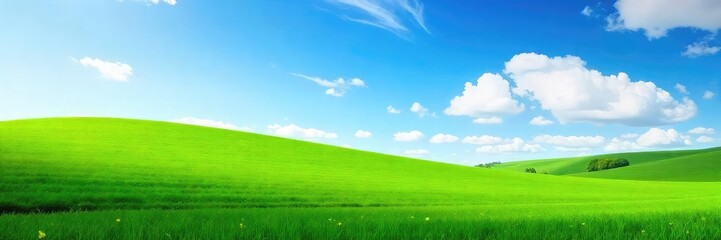 Obraz premium A lush green field stretches to a vibrant blue sky, symbolizing new beginnings and growth, perfect for concepts of rebirth and fresh starts , environment, sky, pastoral