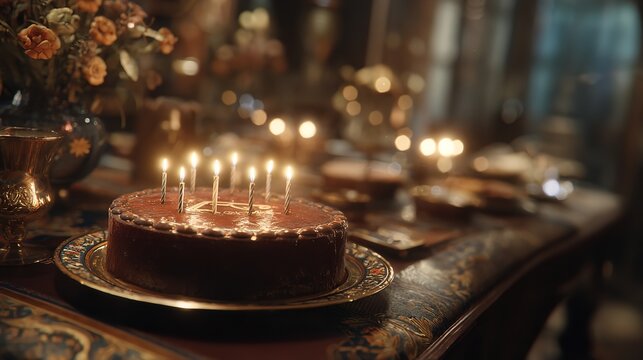 Birthday Cake with Lit Candles and Family Gathering at Night