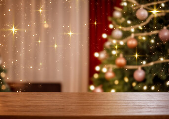 Christmas background with blurred festive lights and decorated tree, empty wooden table in front, perfect for holiday design and mockup.
